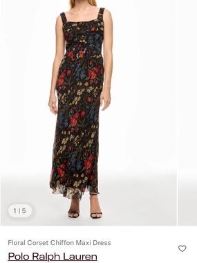 Polo by Ralph Lauren Black Floral Midi Dress with Red & Blue Blooms